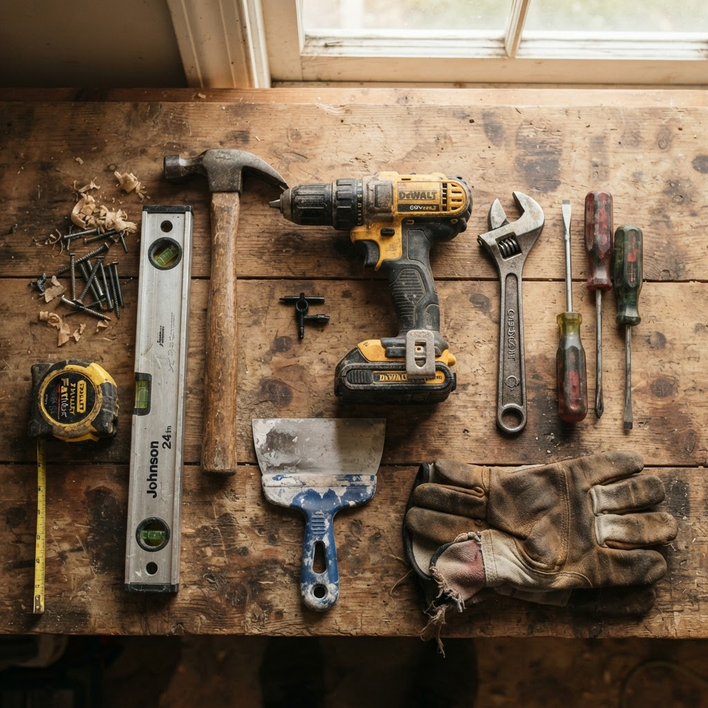 Handyman tools laid out on a workbench